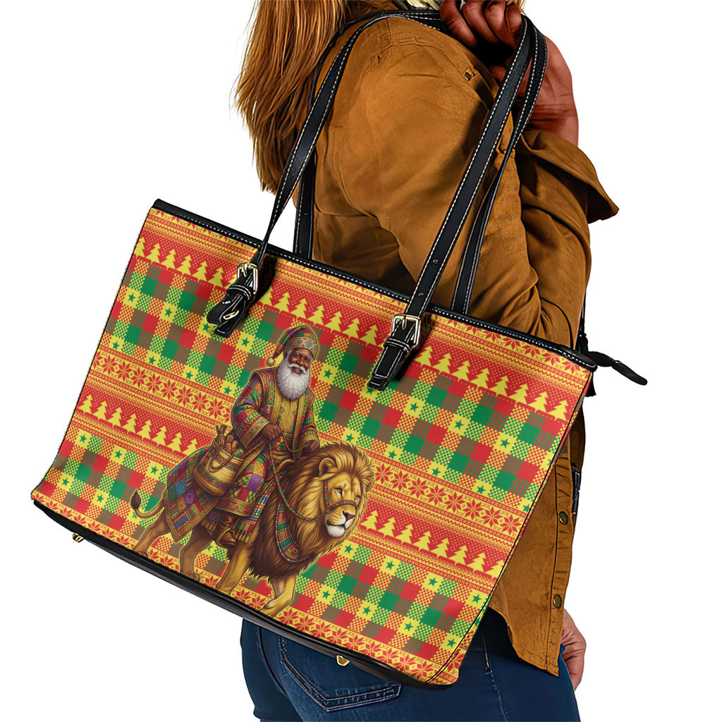 Senegal Christmas Santa Lion Leather Tote Bag Thioub Traditional Woven Textile Motif