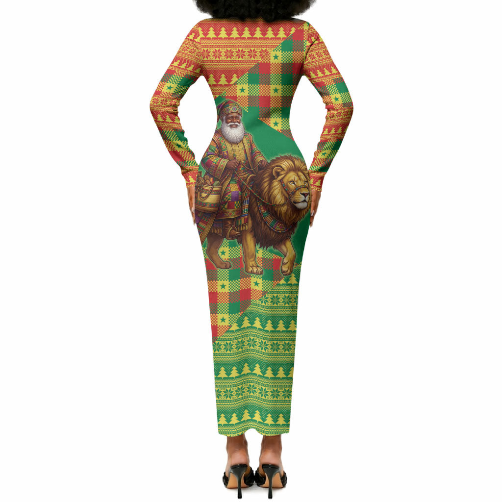 Senegal Christmas Santa Lion Long Sleeve Bodycon Dress Thioub Traditional Woven Textile Motif