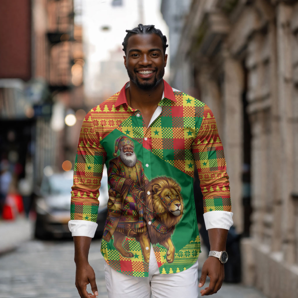 Senegal Christmas Santa Lion Long Sleeve Button Shirt Thioub Traditional Woven Textile Motif
