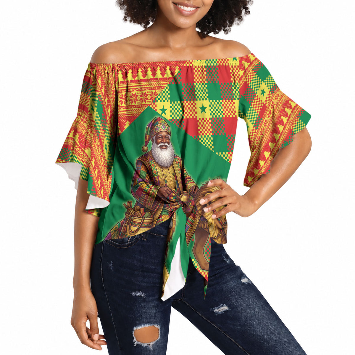 Senegal Christmas Santa Lion Off Shoulder Wrap Waist Top Thioub Traditional Woven Textile Motif