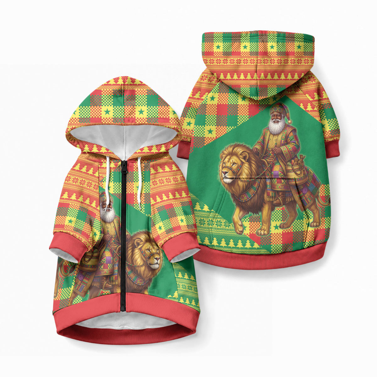 Senegal Christmas Santa Lion Pet Hoodie Thioub Traditional Woven Textile Motif