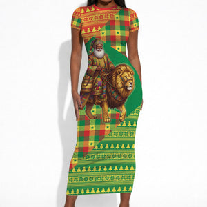 Senegal Christmas Santa Lion Short Sleeve Bodycon Dress Thioub Traditional Woven Textile Motif