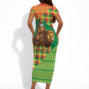 Senegal Christmas Santa Lion Short Sleeve Bodycon Dress Thioub Traditional Woven Textile Motif