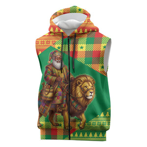 Senegal Christmas Santa Lion Sleeveless Zip Hoodie Thioub Traditional Woven Textile Motif