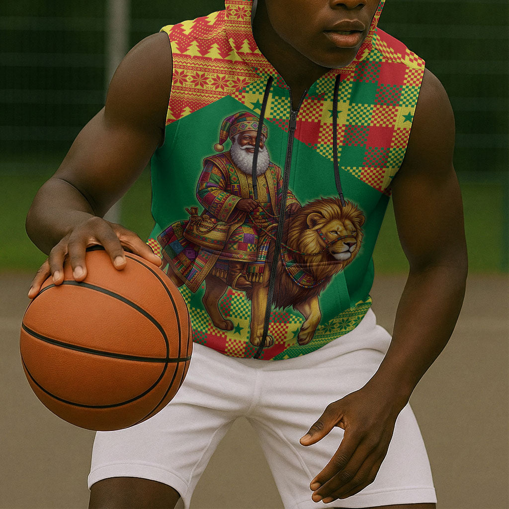 Senegal Christmas Santa Lion Sleeveless Zip Hoodie Thioub Traditional Woven Textile Motif