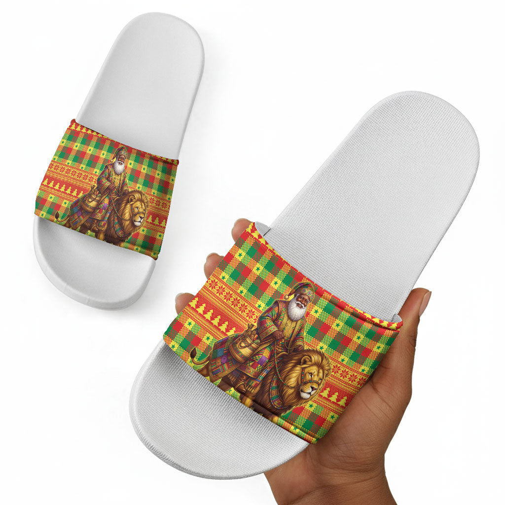 Senegal Christmas Santa Lion Slide Sandals Thioub Traditional Woven Textile Motif