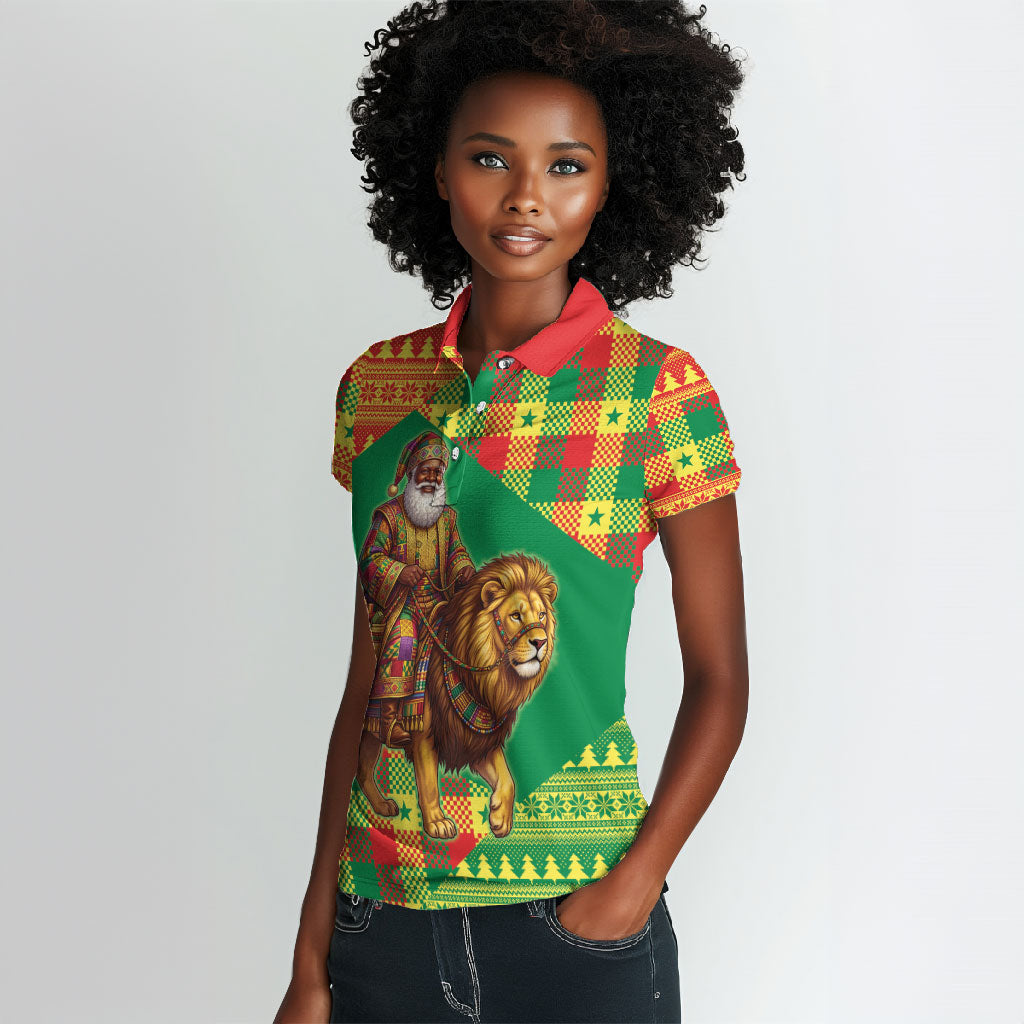 Senegal Christmas Santa Lion Women Polo Shirt Thioub Traditional Woven Textile Motif