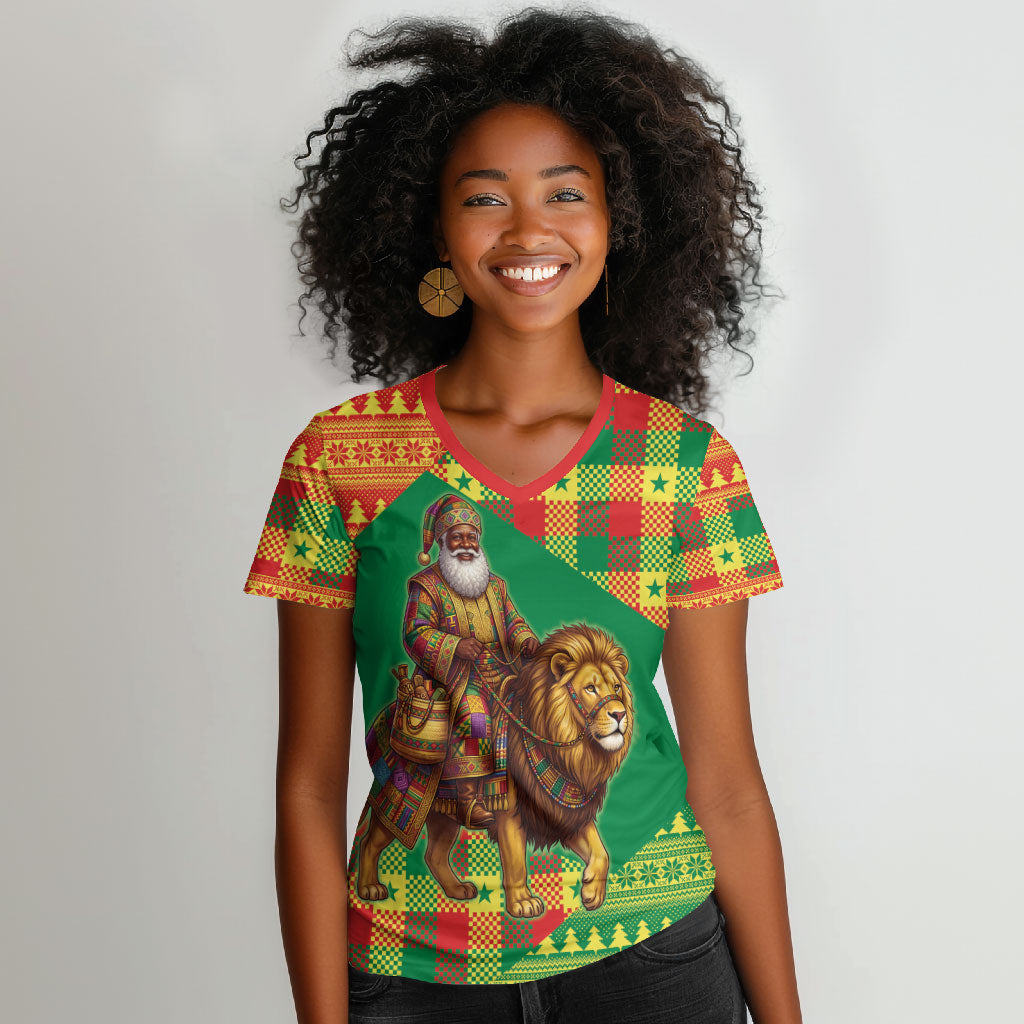 Senegal Christmas Santa Lion Women V-Neck T-Shirt Thioub Traditional Woven Textile Motif