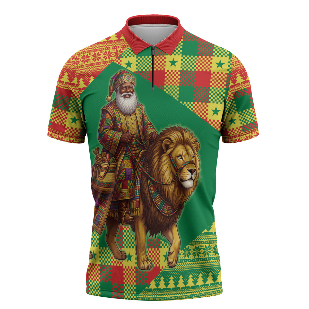 Senegal Christmas Santa Lion Zipper Polo Shirt Thioub Traditional Woven Textile Motif