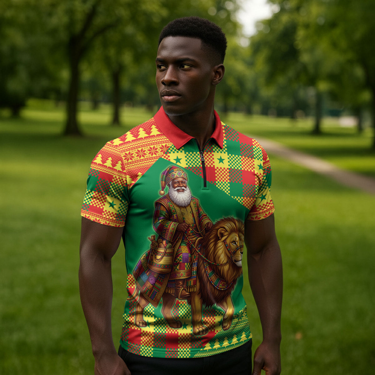Senegal Christmas Santa Lion Zipper Polo Shirt Thioub Traditional Woven Textile Motif