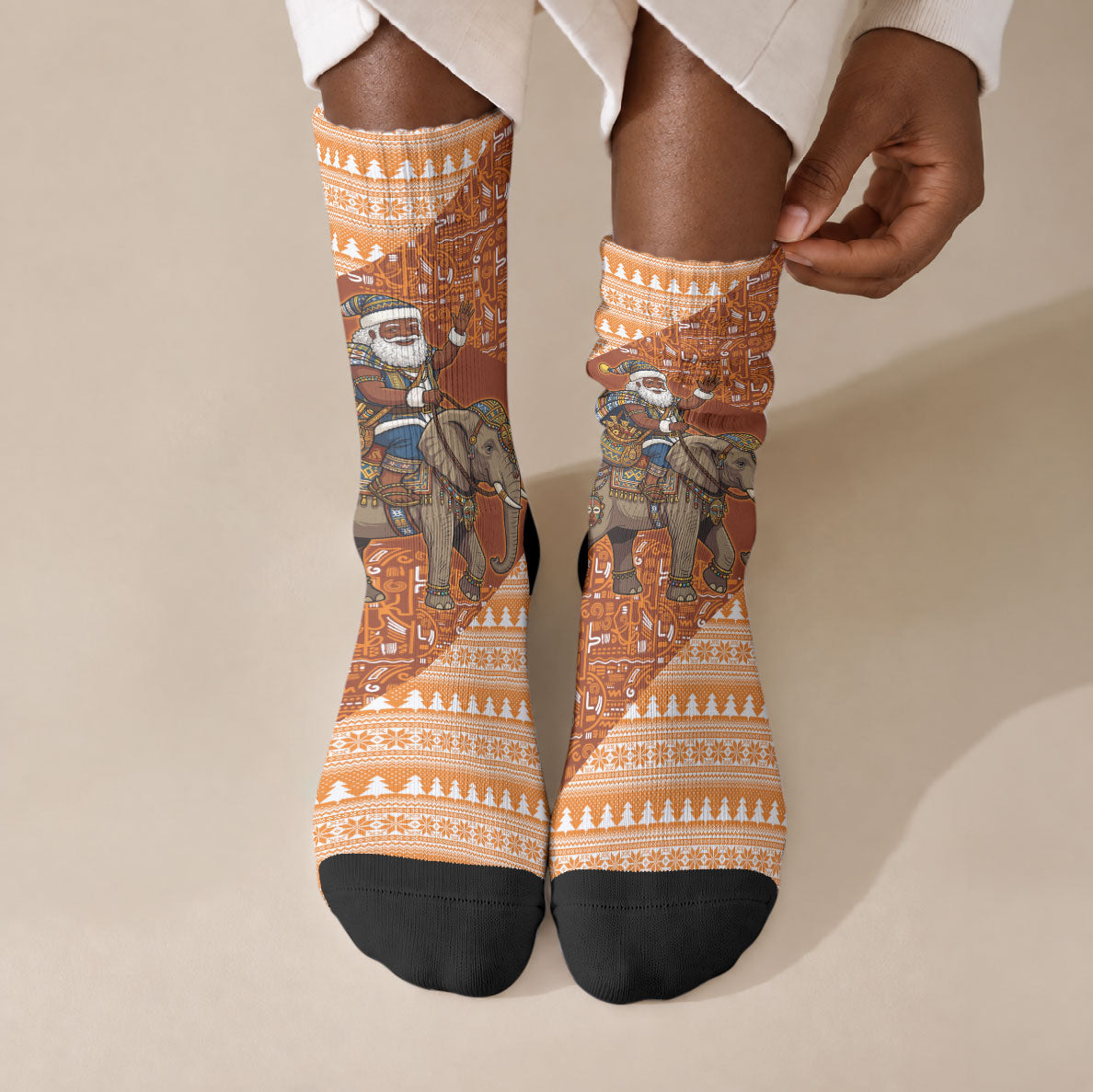 Cote d’Ivoire Christmas Santa Elephant Crew Socks Baoule Woven Inspired
