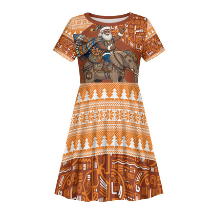 Cote d’Ivoire Christmas Santa Elephant Kid Short Sleeve Dress Baoule Woven Inspired