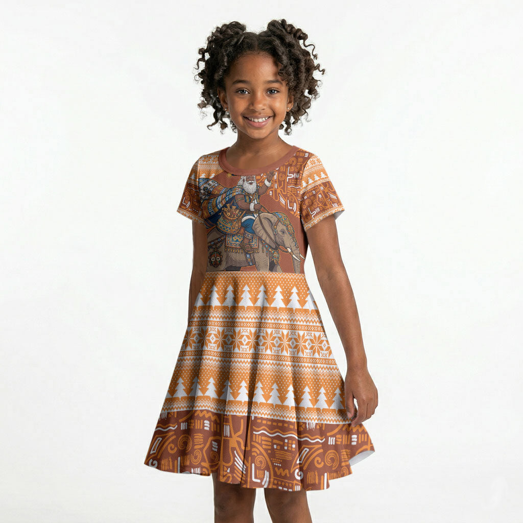 Cote d’Ivoire Christmas Santa Elephant Kid Short Sleeve Dress Baoule Woven Inspired
