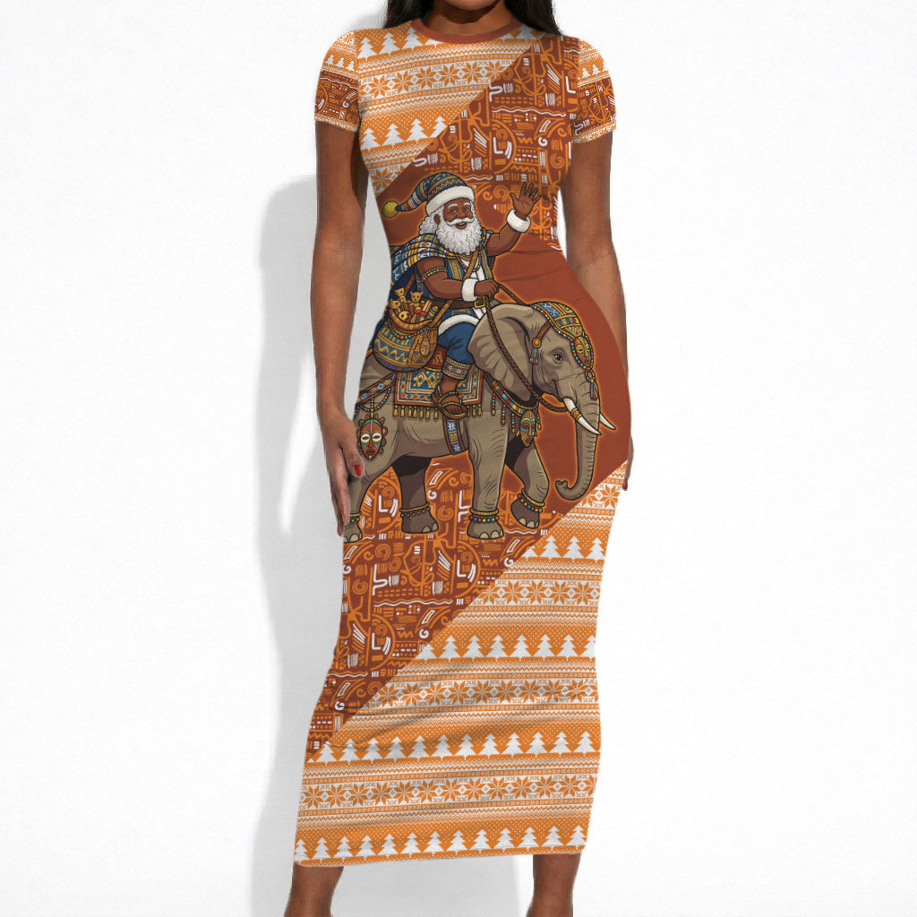 Cote d’Ivoire Christmas Santa Elephant Short Sleeve Bodycon Dress Baoule Woven Inspired