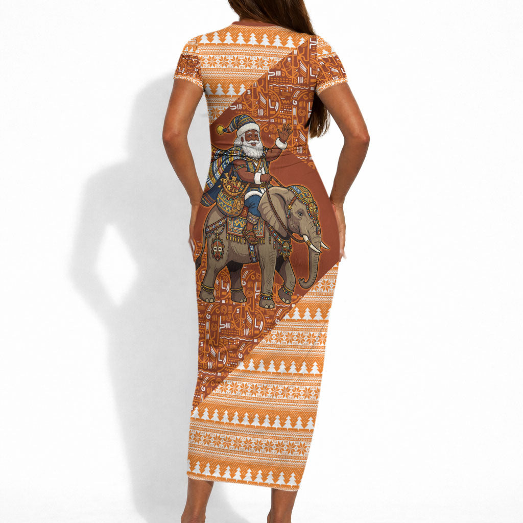 Cote d’Ivoire Christmas Santa Elephant Short Sleeve Bodycon Dress Baoule Woven Inspired