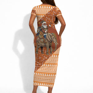 Cote d’Ivoire Christmas Santa Elephant Short Sleeve Bodycon Dress Baoule Woven Inspired