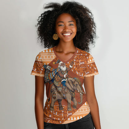 Cote d’Ivoire Christmas Santa Elephant Women V-Neck T-Shirt Baoule Woven Inspired
