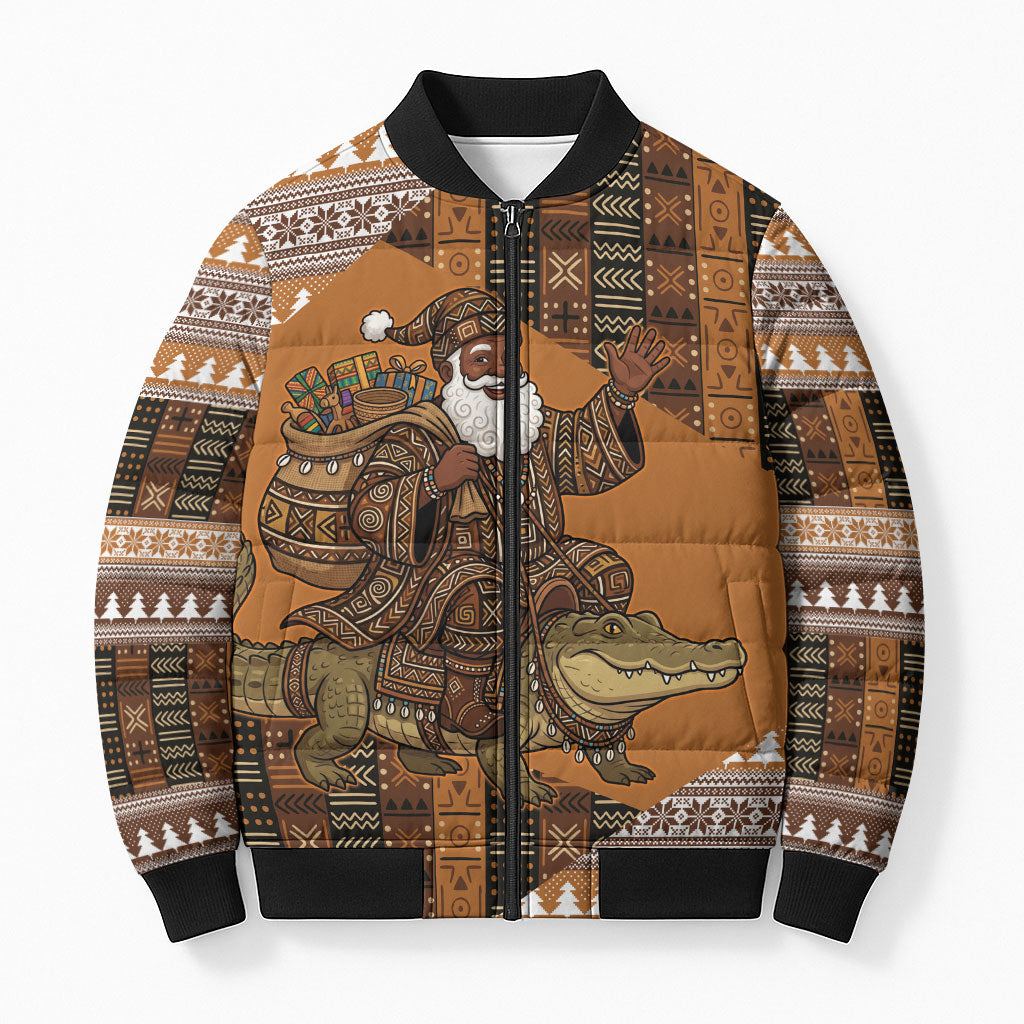 Mali Christmas Santa Nile Crocodile Bomber Puffer Jacket Bogolanfini Mudcloth Inspired