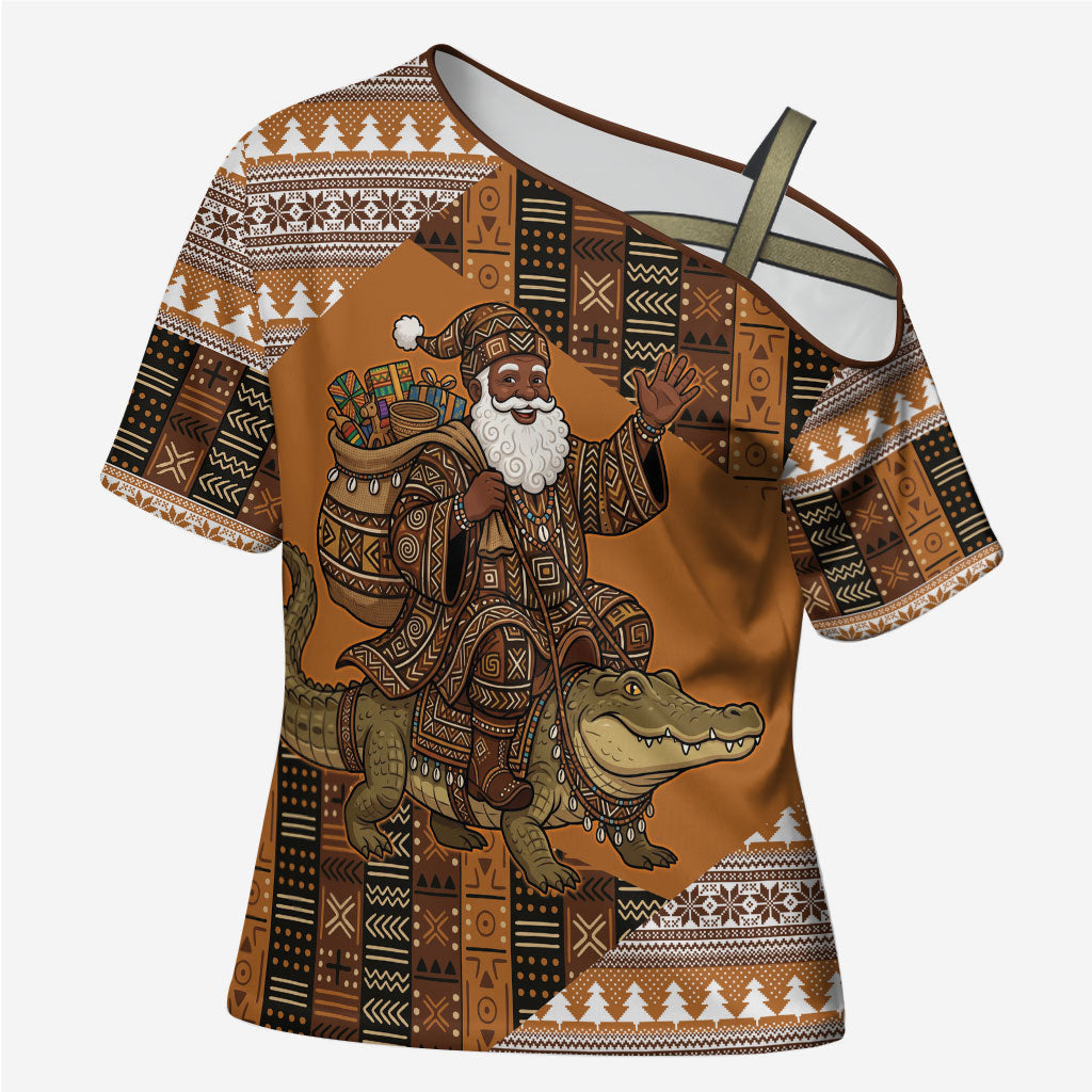 Mali Christmas Santa Nile Crocodile Cross Shoulder Shirt Bogolanfini Mudcloth Inspired