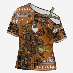 Mali Christmas Santa Nile Crocodile Cross Shoulder Shirt Bogolanfini Mudcloth Inspired