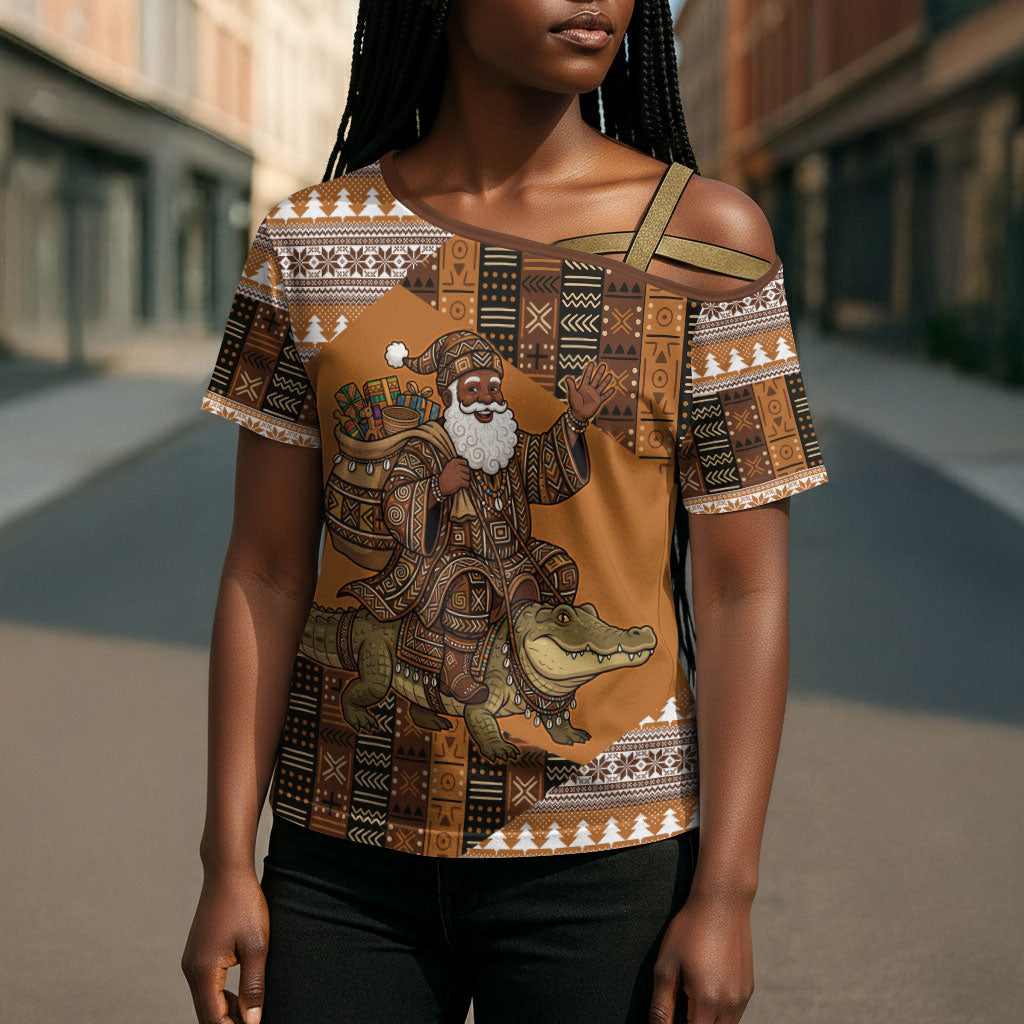 Mali Christmas Santa Nile Crocodile Cross Shoulder Shirt Bogolanfini Mudcloth Inspired