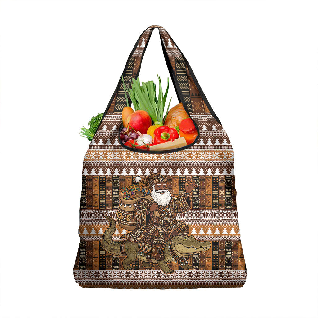 Mali Christmas Santa Nile Crocodile Grocery Bag Bogolanfini Mudcloth Inspired