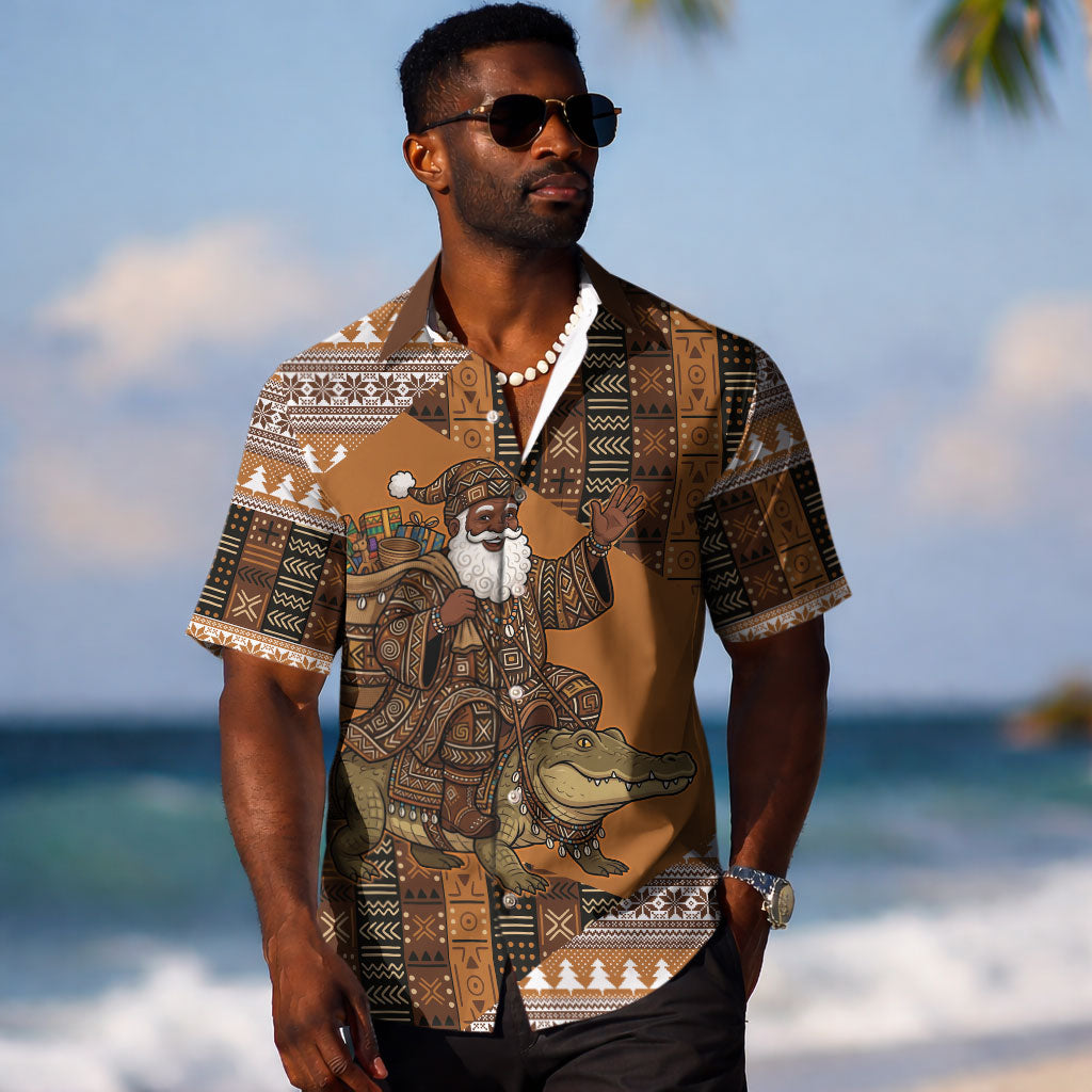 Mali Christmas Santa Nile Crocodile Hawaiian Shirt Bogolanfini Mudcloth Inspired