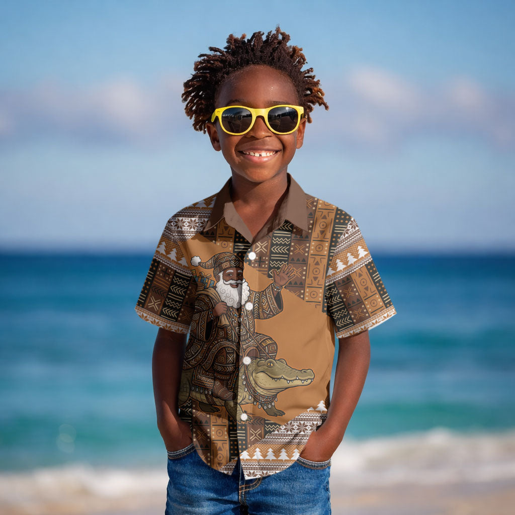 Mali Christmas Santa Nile Crocodile Kid Hawaiian Shirt Bogolanfini Mudcloth Inspired