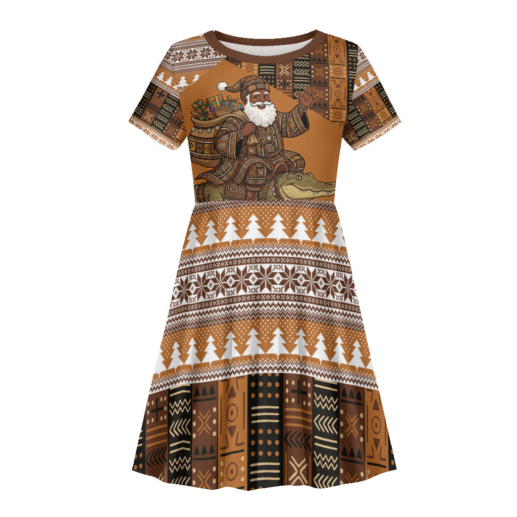 Mali Christmas Santa Nile Crocodile Kid Short Sleeve Dress Bogolanfini Mudcloth Inspired