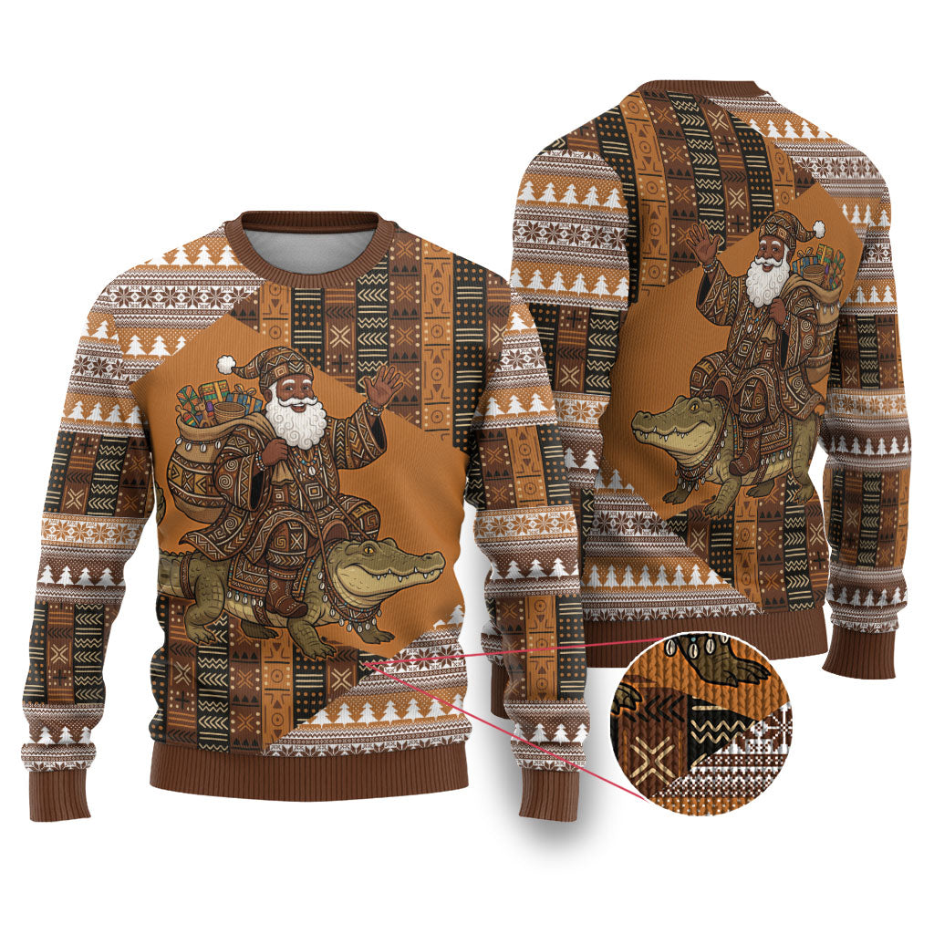 Mali Christmas Santa Nile Crocodile Ugly Christmas Sweater Bogolanfini Mudcloth Inspired