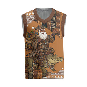 Mali Christmas Santa Nile Crocodile Christmas Knitted V-Neck Vest Bogolanfini Mudcloth Inspired
