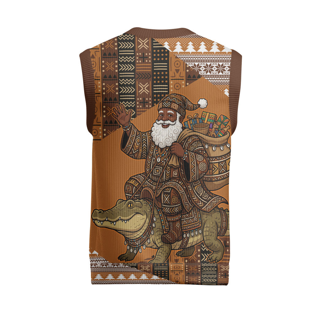 Mali Christmas Santa Nile Crocodile Christmas Knitted V-Neck Vest Bogolanfini Mudcloth Inspired