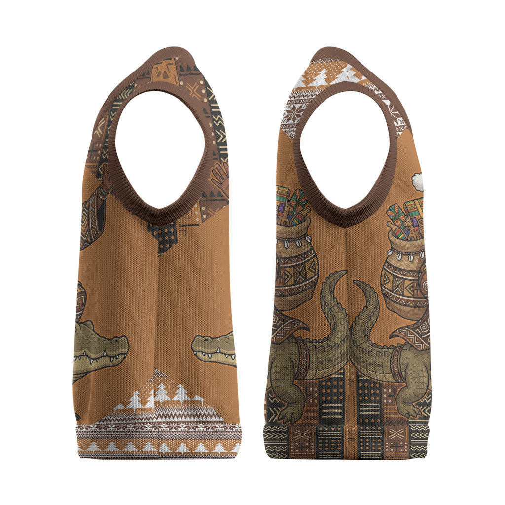 Mali Christmas Santa Nile Crocodile Christmas Knitted V-Neck Vest Bogolanfini Mudcloth Inspired