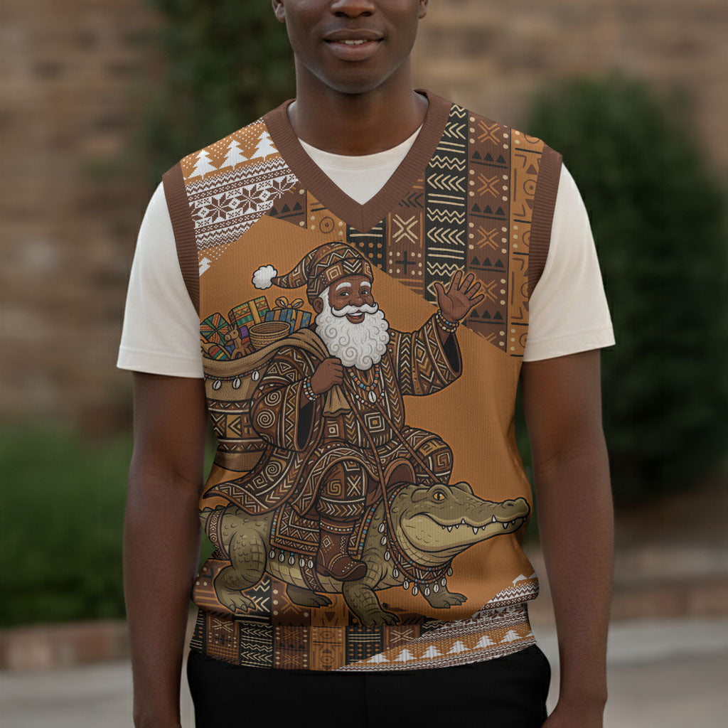 Mali Christmas Santa Nile Crocodile Christmas Knitted V-Neck Vest Bogolanfini Mudcloth Inspired