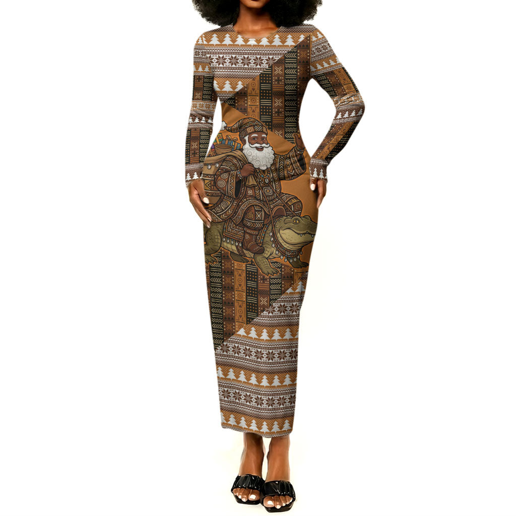 Mali Christmas Santa Nile Crocodile Long Sleeve Bodycon Dress Bogolanfini Mudcloth Inspired