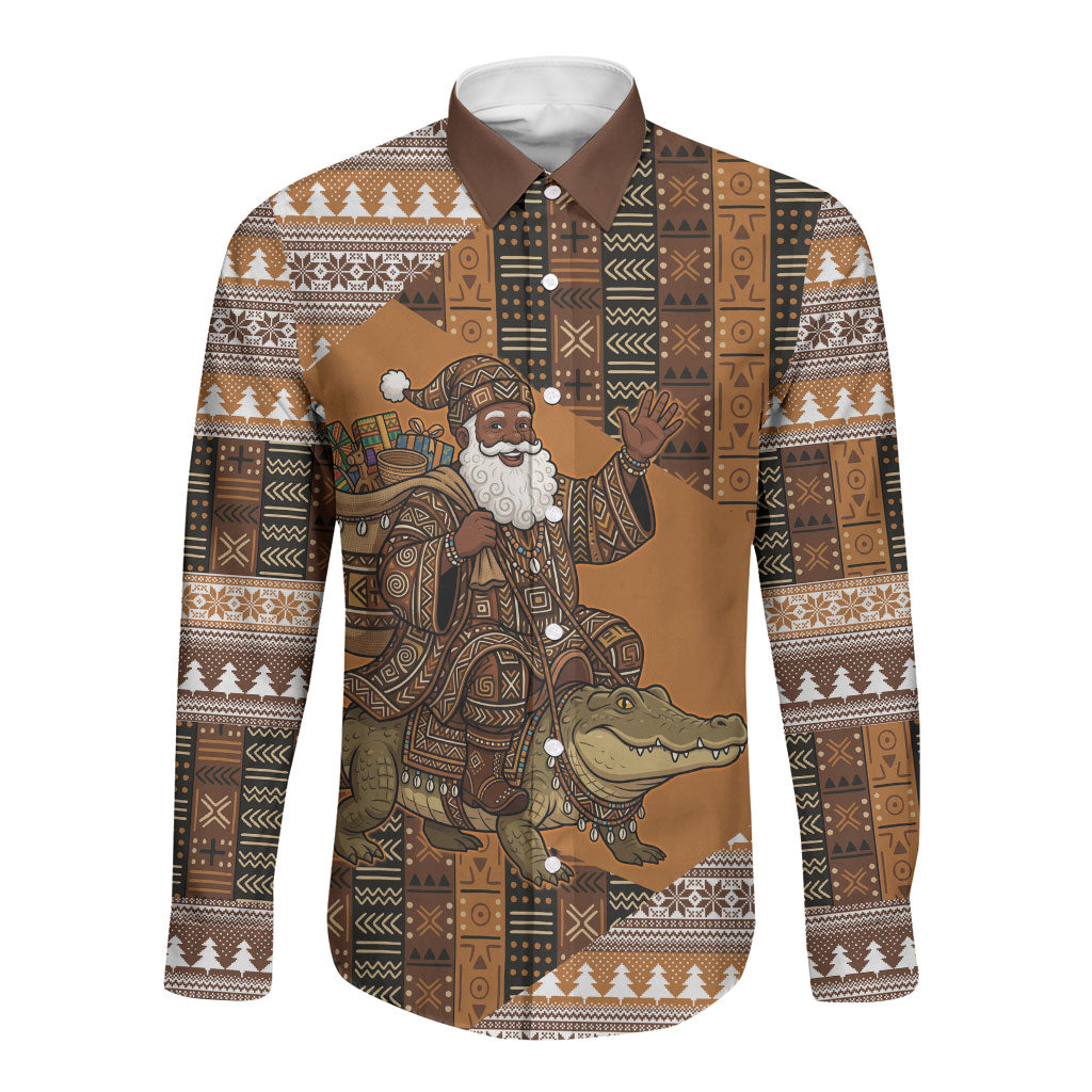Mali Christmas Santa Nile Crocodile Long Sleeve Button Shirt Bogolanfini Mudcloth Inspired