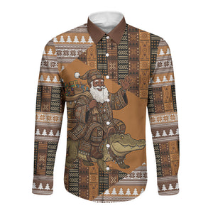 Mali Christmas Santa Nile Crocodile Long Sleeve Button Shirt Bogolanfini Mudcloth Inspired