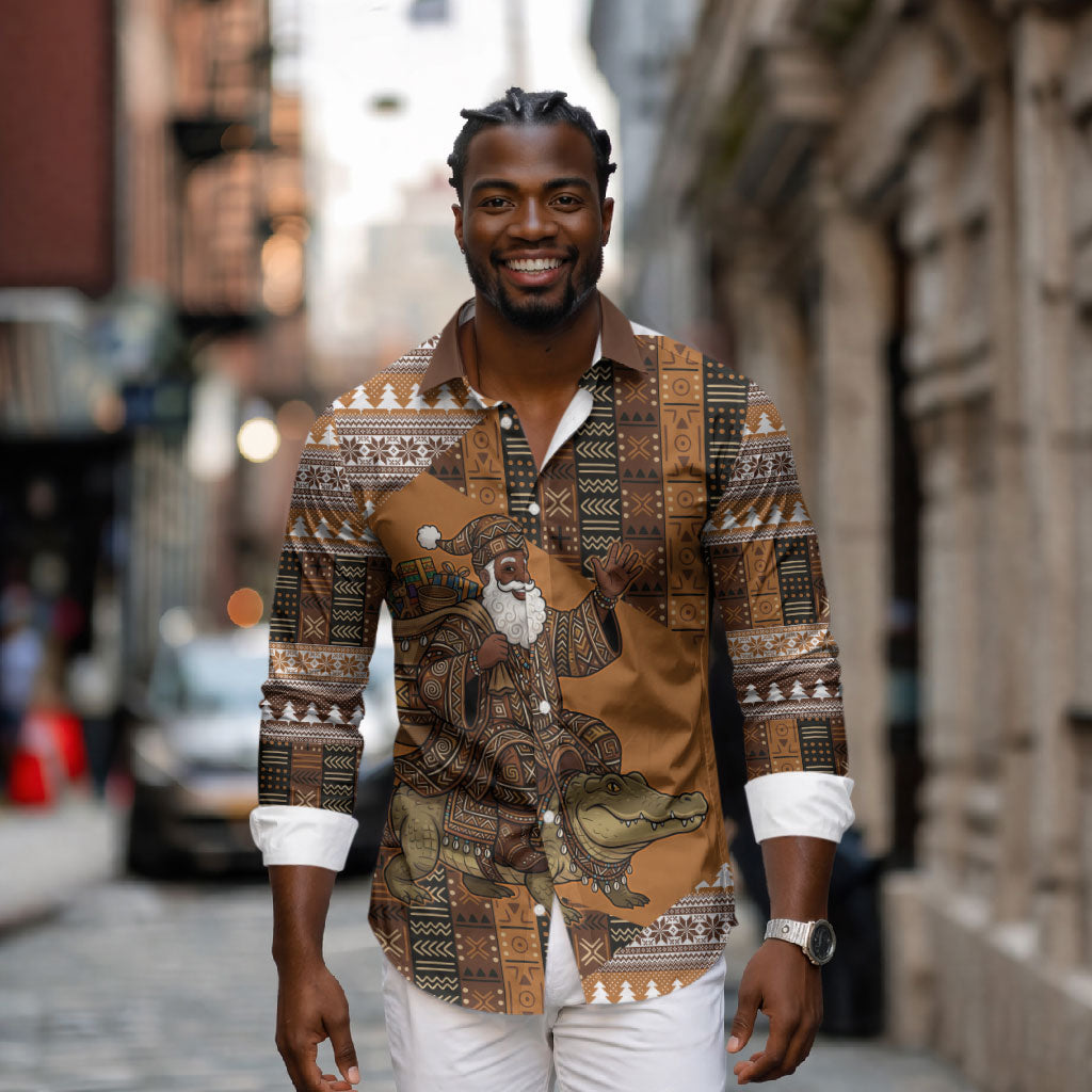 Mali Christmas Santa Nile Crocodile Long Sleeve Button Shirt Bogolanfini Mudcloth Inspired