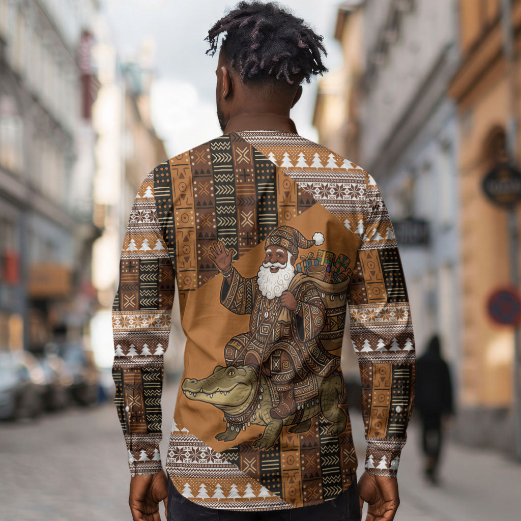Mali Christmas Santa Nile Crocodile Long Sleeve Button Shirt Bogolanfini Mudcloth Inspired