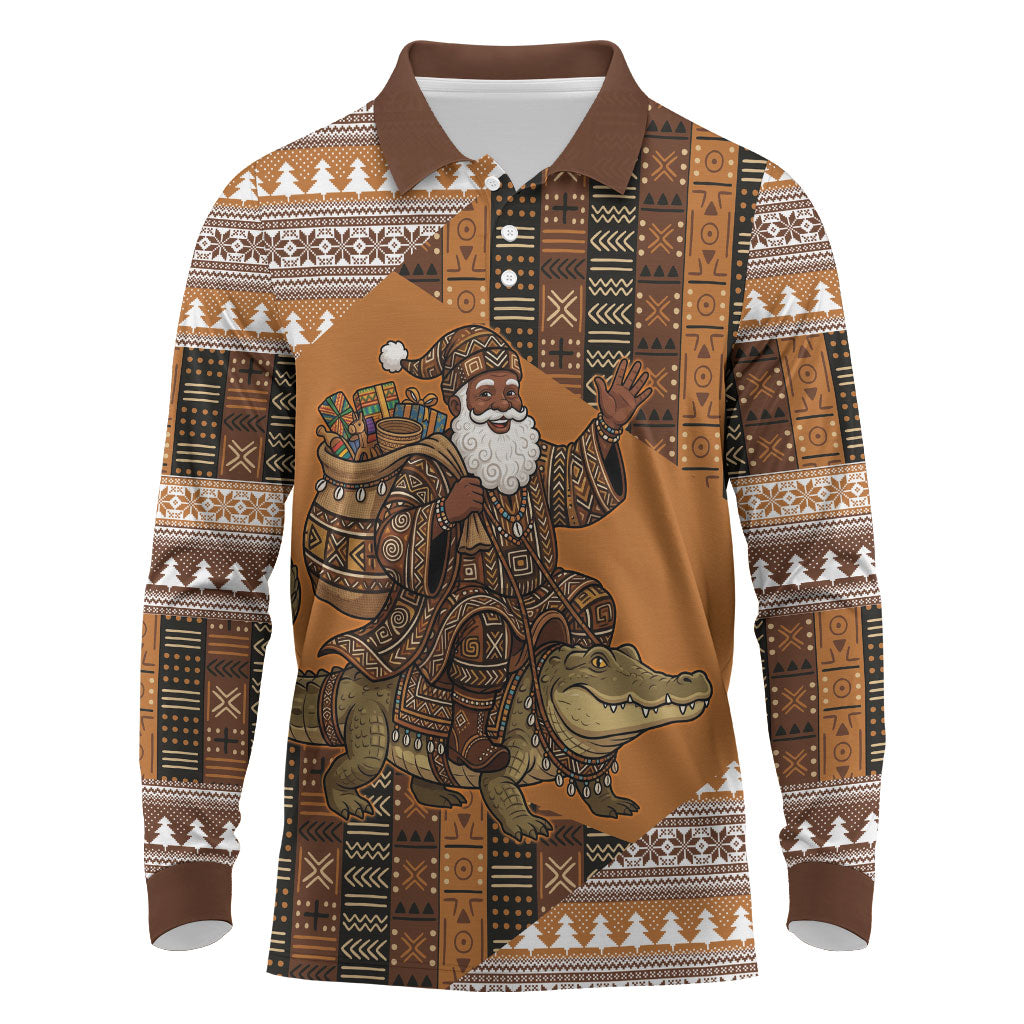 Mali Christmas Santa Nile Crocodile Long Sleeve Polo Shirt Bogolanfini Mudcloth Inspired