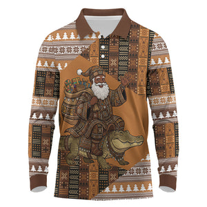 Mali Christmas Santa Nile Crocodile Long Sleeve Polo Shirt Bogolanfini Mudcloth Inspired