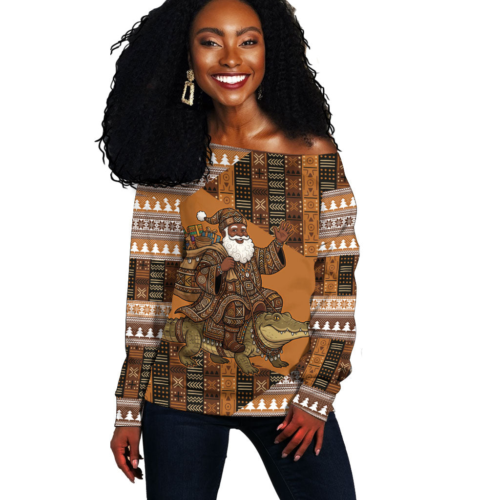 Mali Christmas Santa Nile Crocodile Off Shoulder Sweater Bogolanfini Mudcloth Inspired