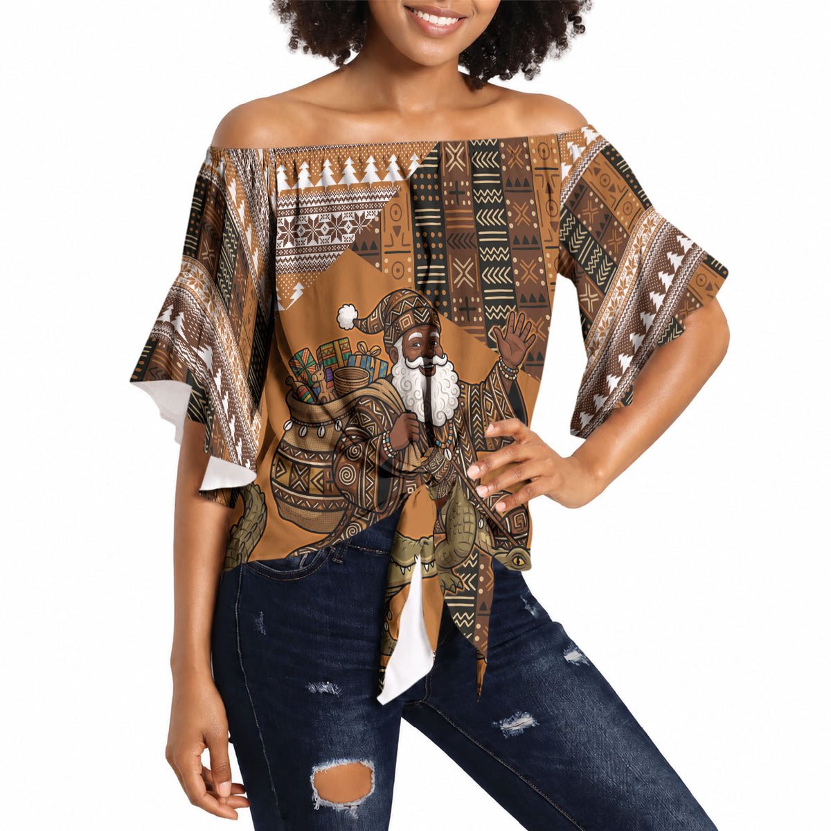 Mali Christmas Santa Nile Crocodile Off Shoulder Wrap Waist Top Bogolanfini Mudcloth Inspired