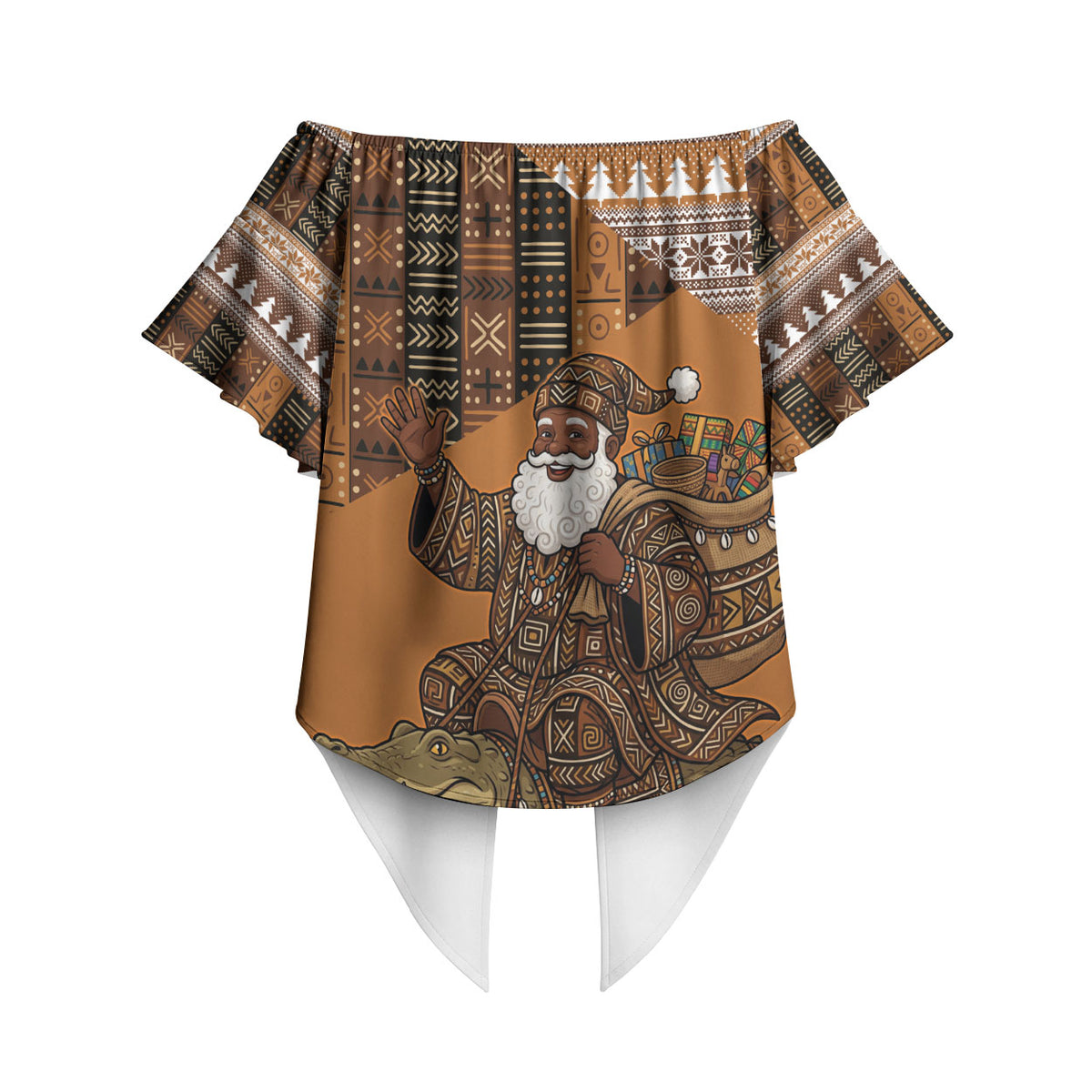 Mali Christmas Santa Nile Crocodile Off Shoulder Wrap Waist Top Bogolanfini Mudcloth Inspired