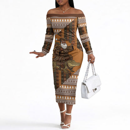 Mali Christmas Santa Nile Crocodile Off The Shoulder Long Sleeve Dress Bogolanfini Mudcloth Inspired