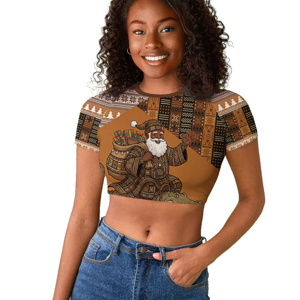 Mali Christmas Santa Nile Crocodile Raglan Cropped T shirt Bogolanfini Mudcloth Inspired