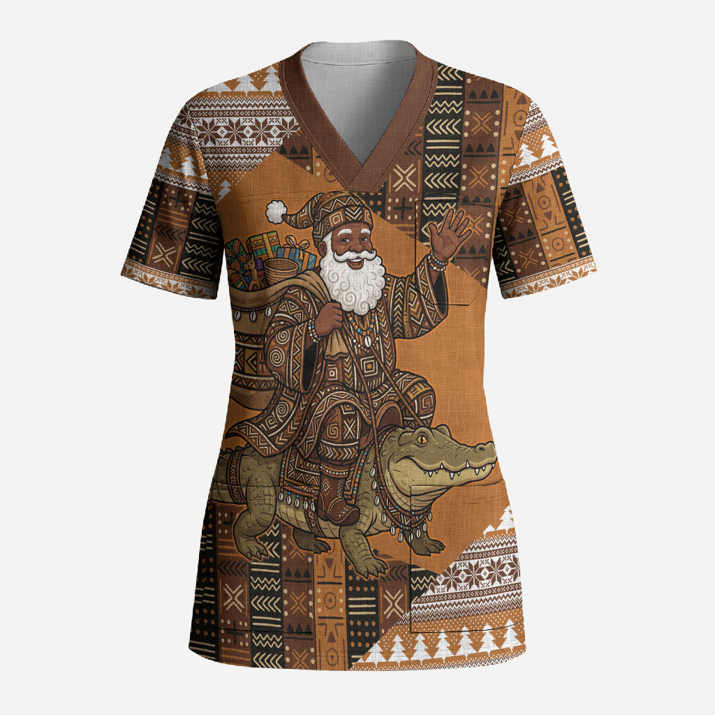 Mali Christmas Santa Nile Crocodile Scrub Top Bogolanfini Mudcloth Inspired
