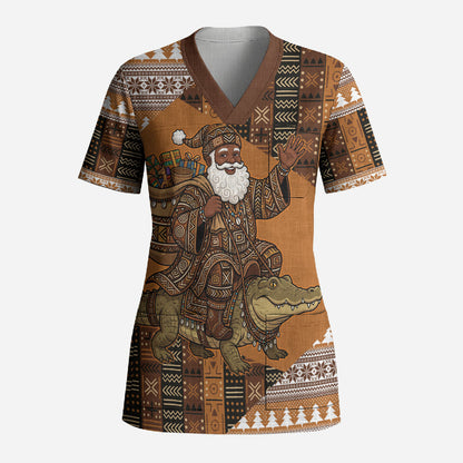 Mali Christmas Santa Nile Crocodile Scrub Top Bogolanfini Mudcloth Inspired
