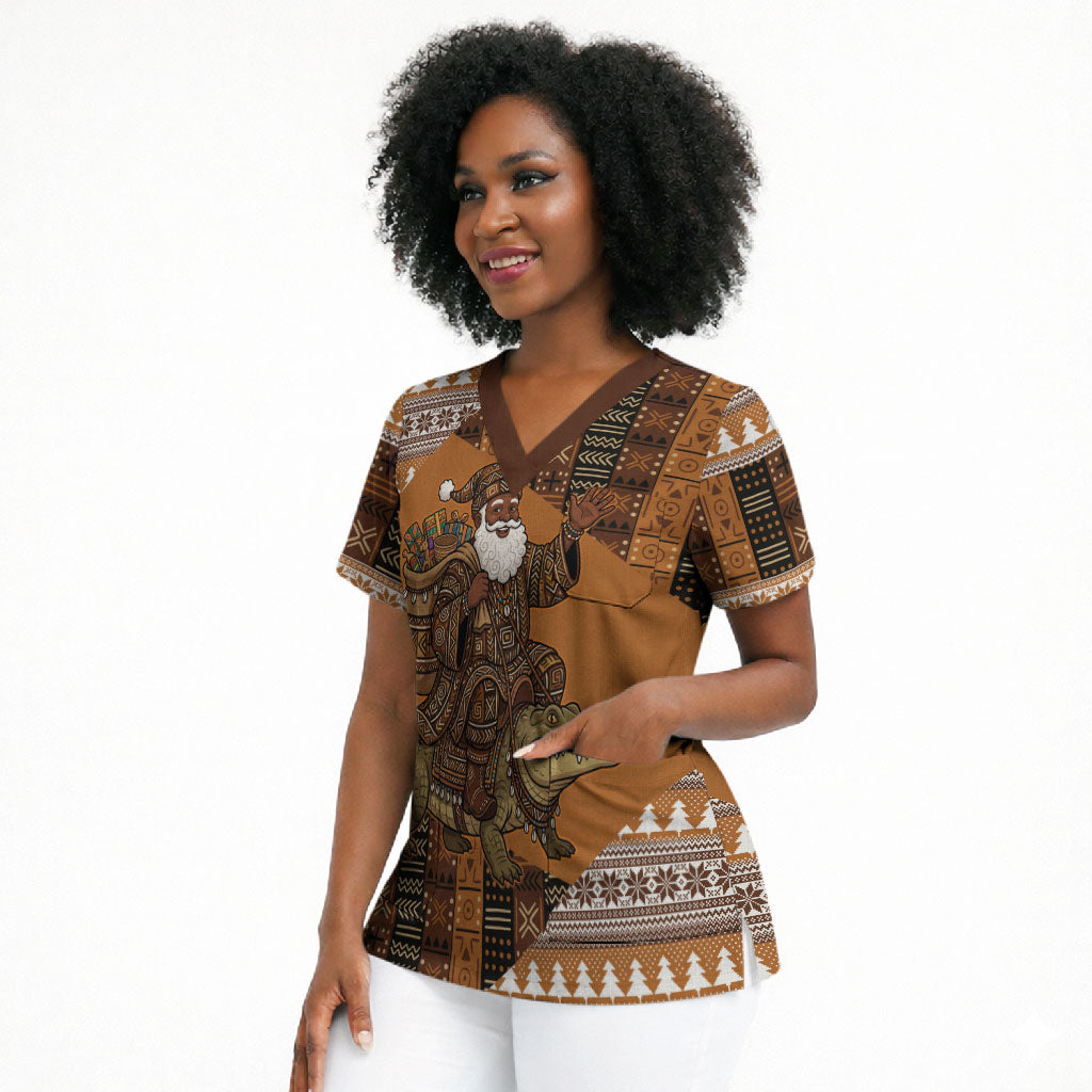 Mali Christmas Santa Nile Crocodile Scrub Top Bogolanfini Mudcloth Inspired
