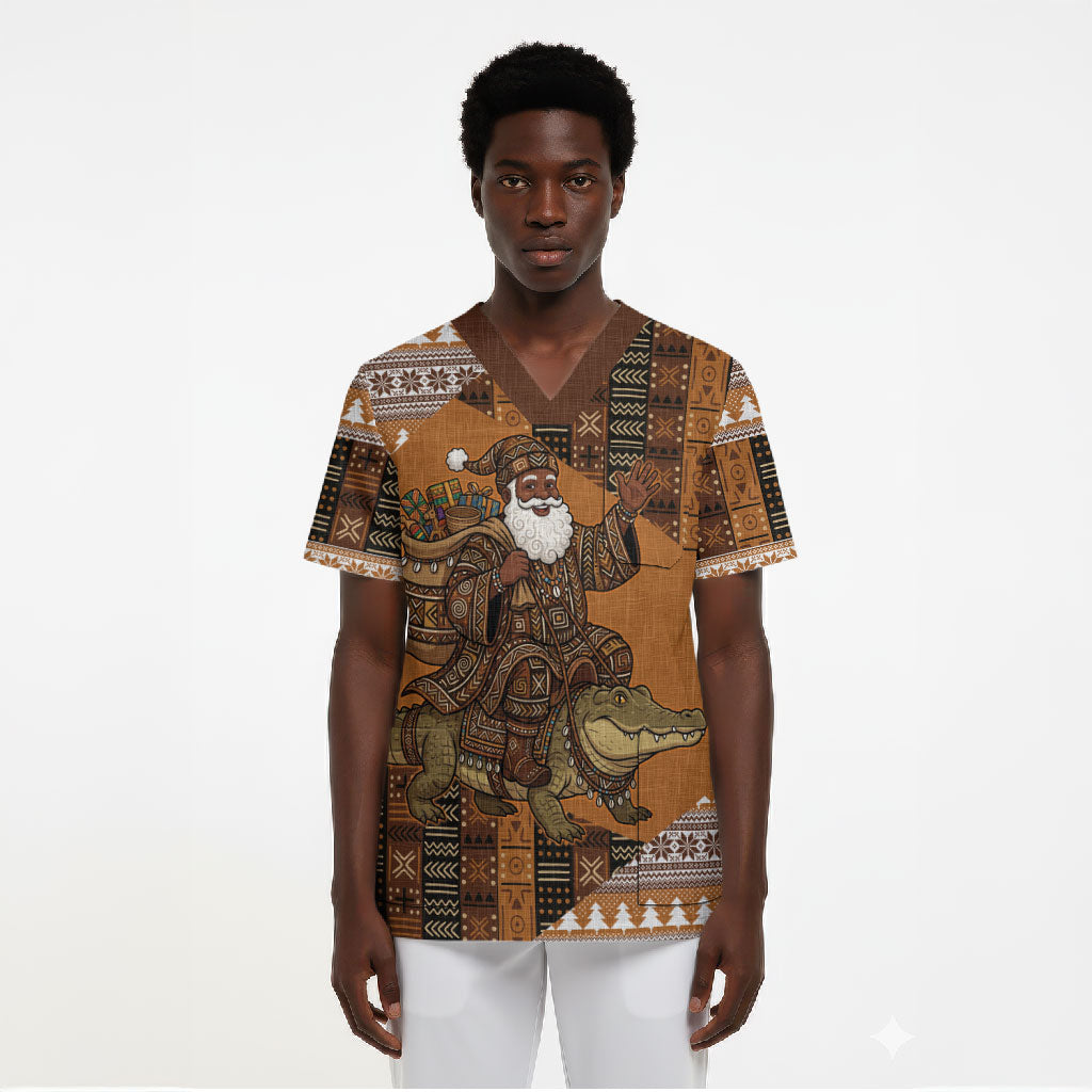 Mali Christmas Santa Nile Crocodile Scrub Top Bogolanfini Mudcloth Inspired